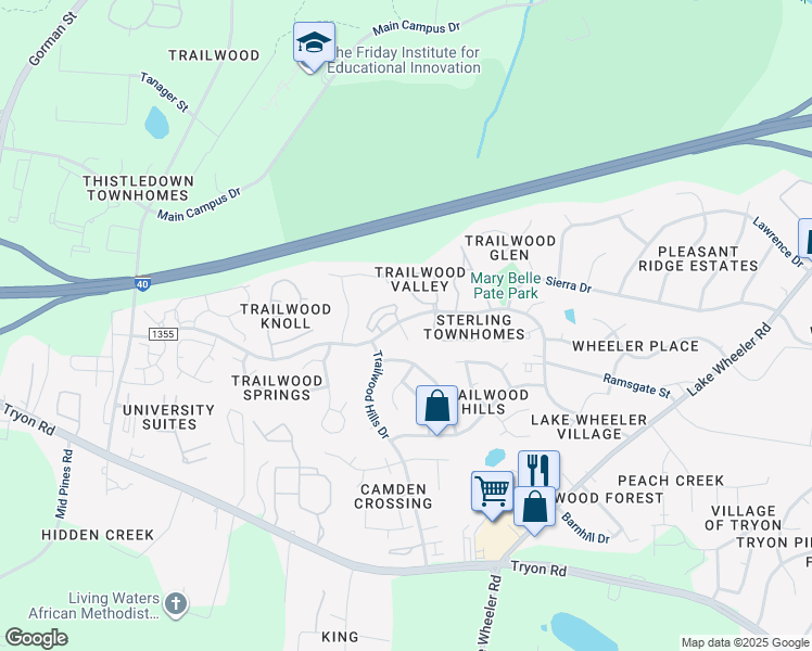 map of restaurants, bars, coffee shops, grocery stores, and more near 2201 Mountain Mist Court in Raleigh