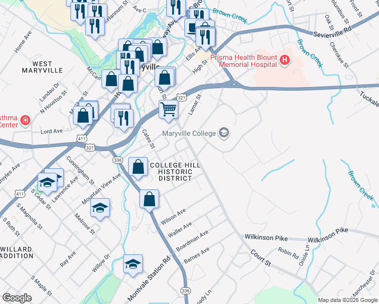 map of restaurants, bars, coffee shops, grocery stores, and more near 111 Miller Avenue in Maryville