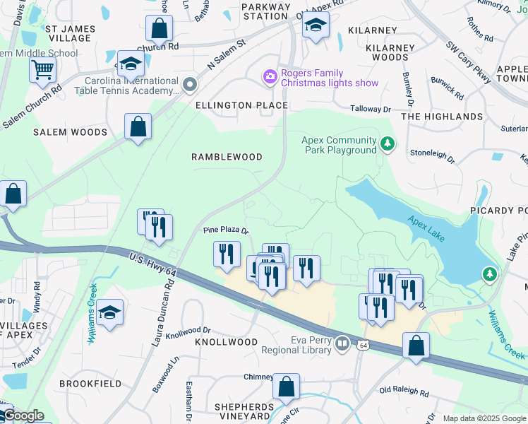 map of restaurants, bars, coffee shops, grocery stores, and more near 2030 Laura Duncan Road in Apex