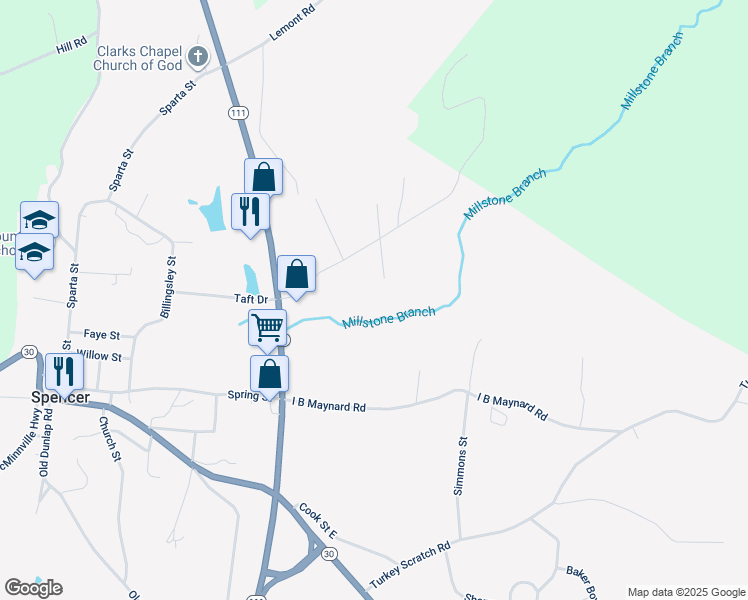 map of restaurants, bars, coffee shops, grocery stores, and more near 292 Little Falls Road in Spencer