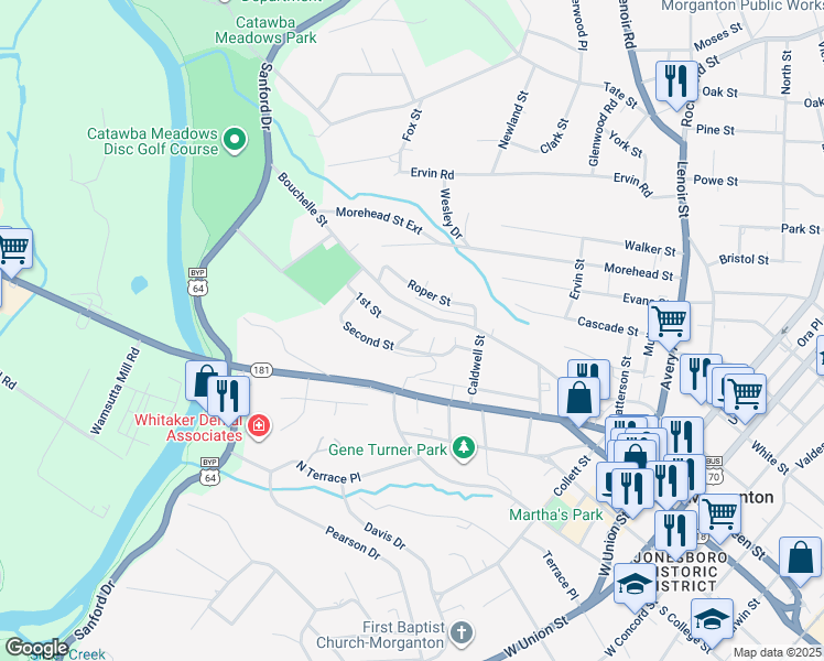 map of restaurants, bars, coffee shops, grocery stores, and more near 646 1st Street in Morganton