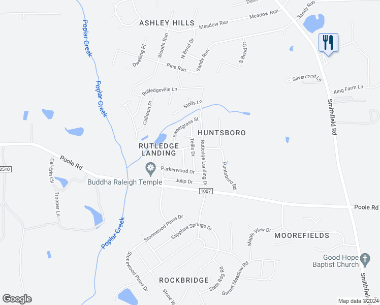 map of restaurants, bars, coffee shops, grocery stores, and more near 1128 Tellis Drive in Knightdale