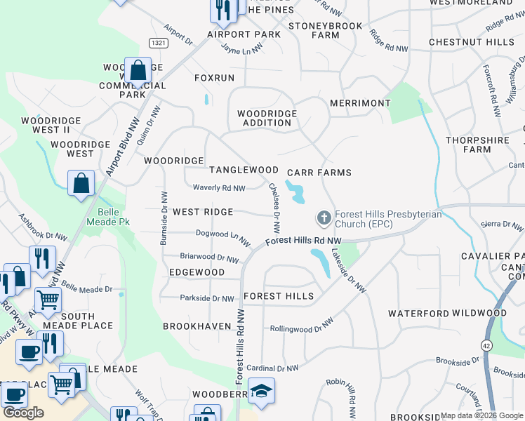 map of restaurants, bars, coffee shops, grocery stores, and more near 1202 Queen Anne Road Northwest in Wilson