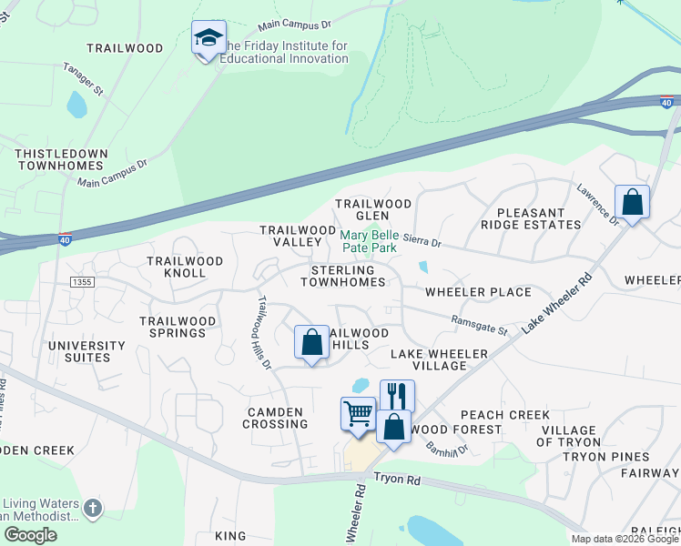 map of restaurants, bars, coffee shops, grocery stores, and more near 2601 Sterling Park Drive in Raleigh