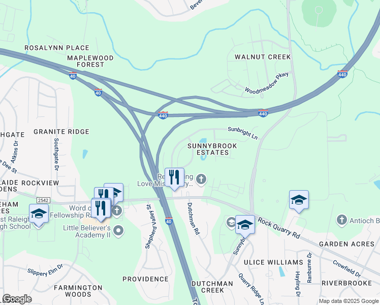 map of restaurants, bars, coffee shops, grocery stores, and more near 2127 Sunny Cove Drive in Raleigh