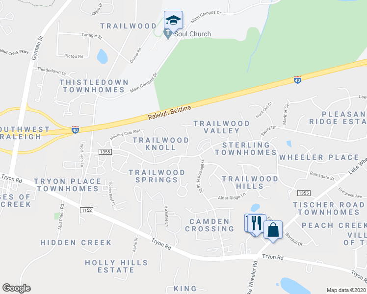 map of restaurants, bars, coffee shops, grocery stores, and more near 1900 Trailwood Heights Lane in Raleigh