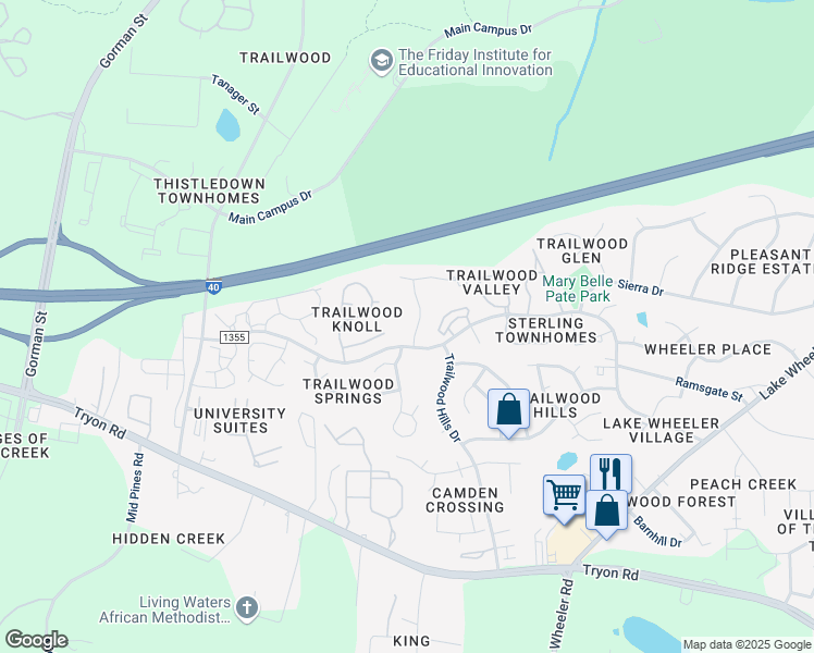 map of restaurants, bars, coffee shops, grocery stores, and more near 1900 Trailwood Heights Lane in Raleigh