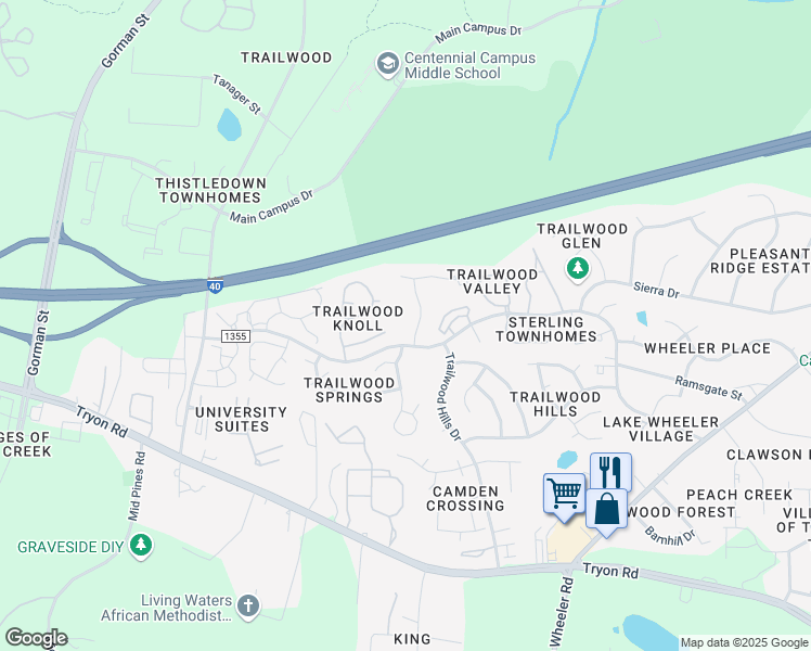 map of restaurants, bars, coffee shops, grocery stores, and more near 1900 Trailwood Heights Lane in Raleigh