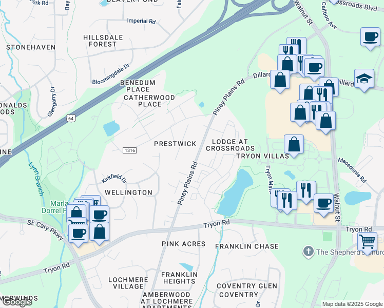 map of restaurants, bars, coffee shops, grocery stores, and more near 2212 Piney Plains Road in Cary