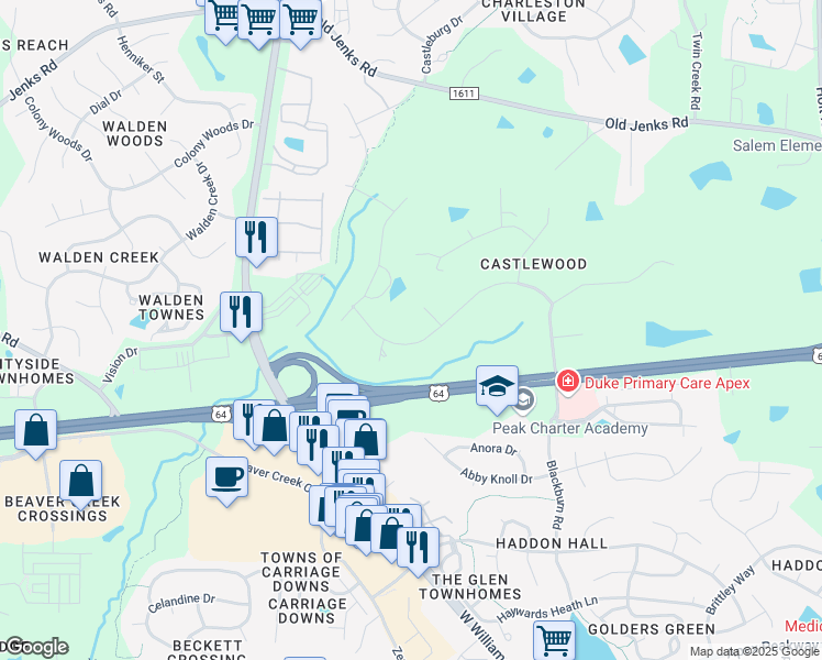 map of restaurants, bars, coffee shops, grocery stores, and more near 302 Thorn Hollow Drive in Apex