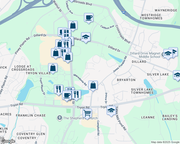 map of restaurants, bars, coffee shops, grocery stores, and more near 2713 Macedonia Road in Cary