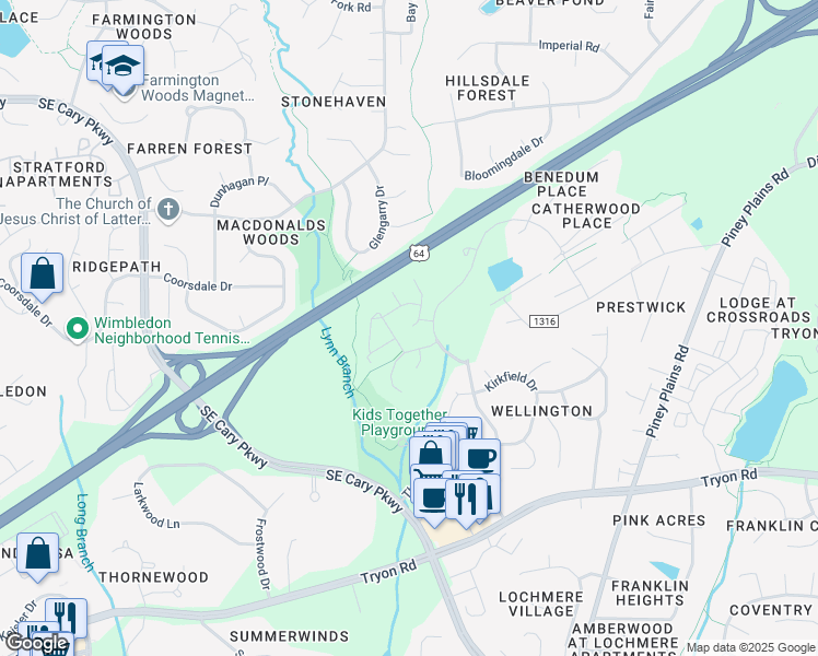 map of restaurants, bars, coffee shops, grocery stores, and more near 723 Renshaw Court in Cary