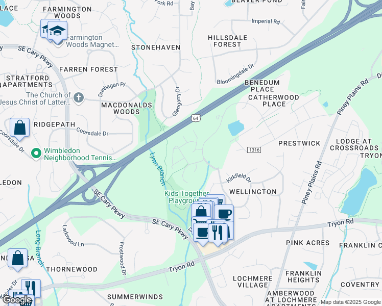 map of restaurants, bars, coffee shops, grocery stores, and more near 712 Renshaw Court in Cary