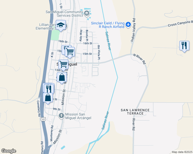 map of restaurants, bars, coffee shops, grocery stores, and more near 882 Rio Mesa Circle in San Miguel