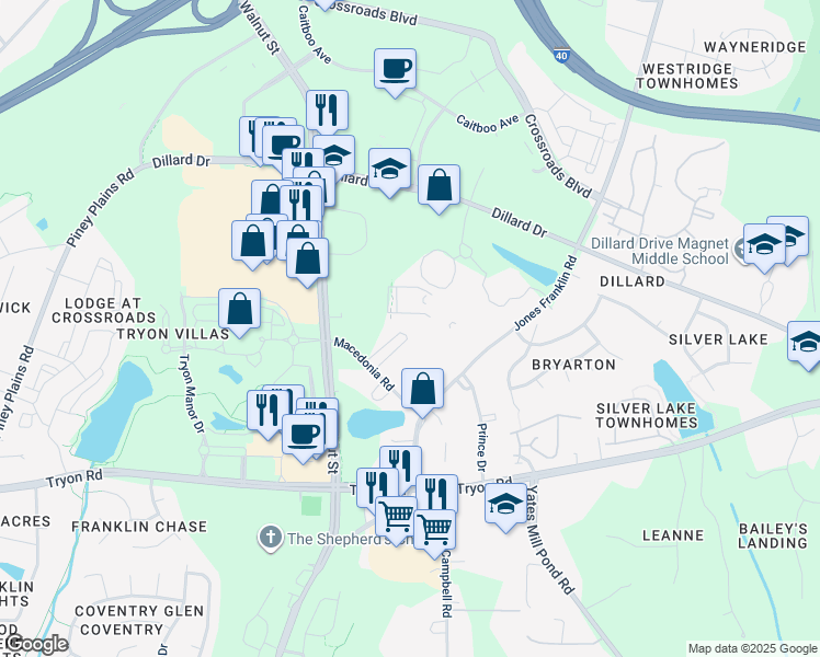 map of restaurants, bars, coffee shops, grocery stores, and more near 2713 Macedonia Road in Cary
