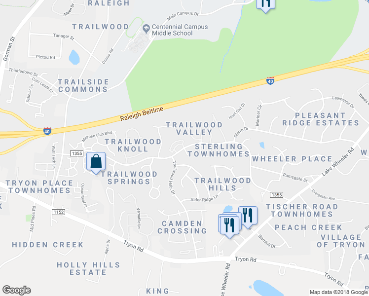 map of restaurants, bars, coffee shops, grocery stores, and more near 1901 Mountain Mist Court in Raleigh