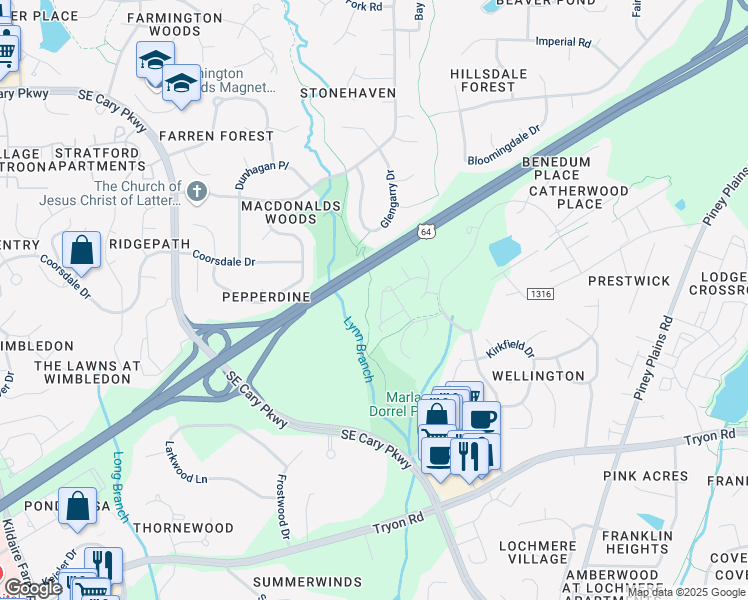 map of restaurants, bars, coffee shops, grocery stores, and more near 3613 Wellington Ridge Loop in Cary