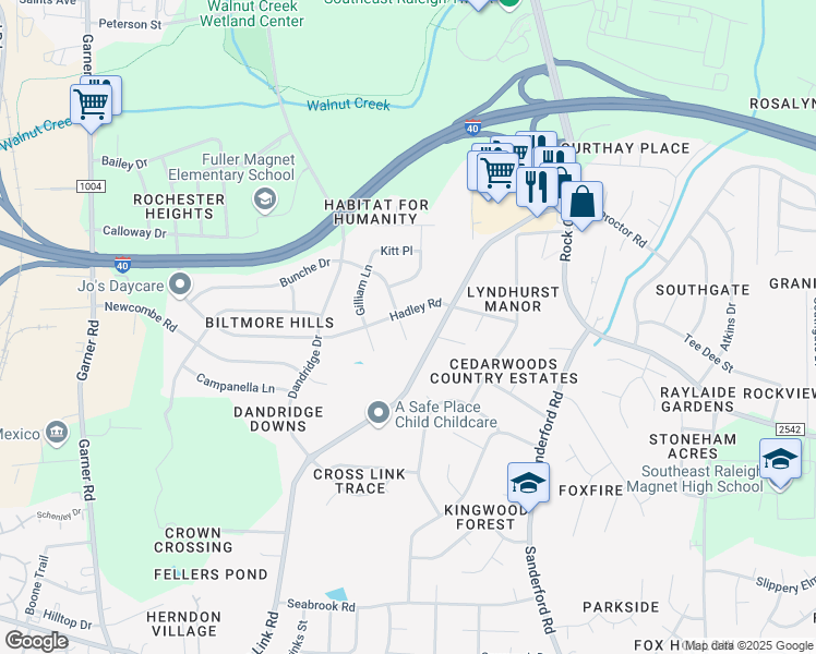 map of restaurants, bars, coffee shops, grocery stores, and more near 1203 Bunche Drive in Raleigh