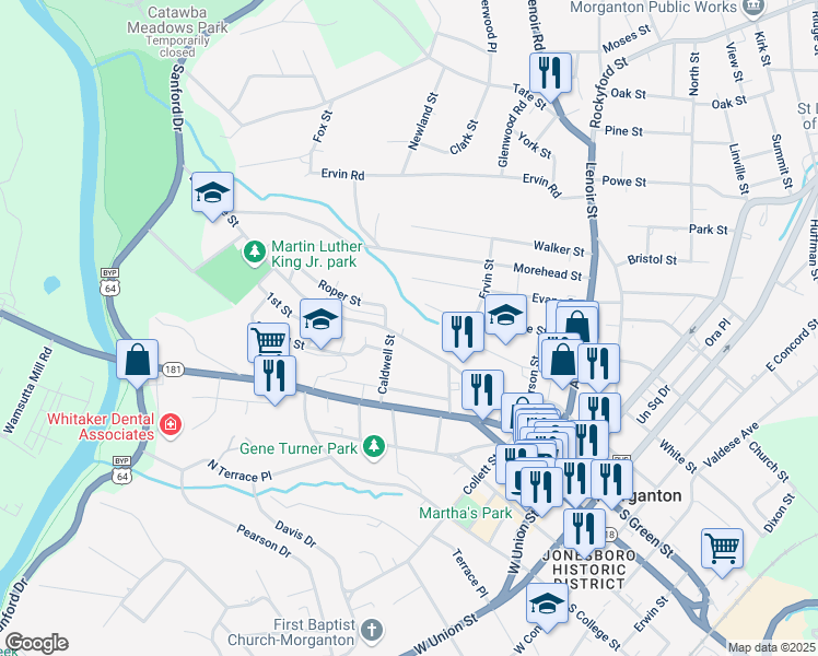 map of restaurants, bars, coffee shops, grocery stores, and more near 102 Roper Street in Morganton