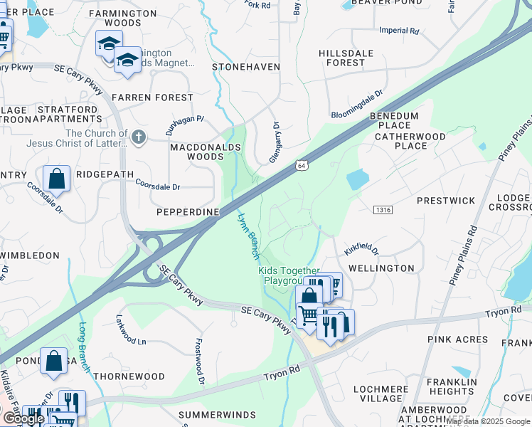 map of restaurants, bars, coffee shops, grocery stores, and more near 3411 Wellington Ridge Loop in Cary