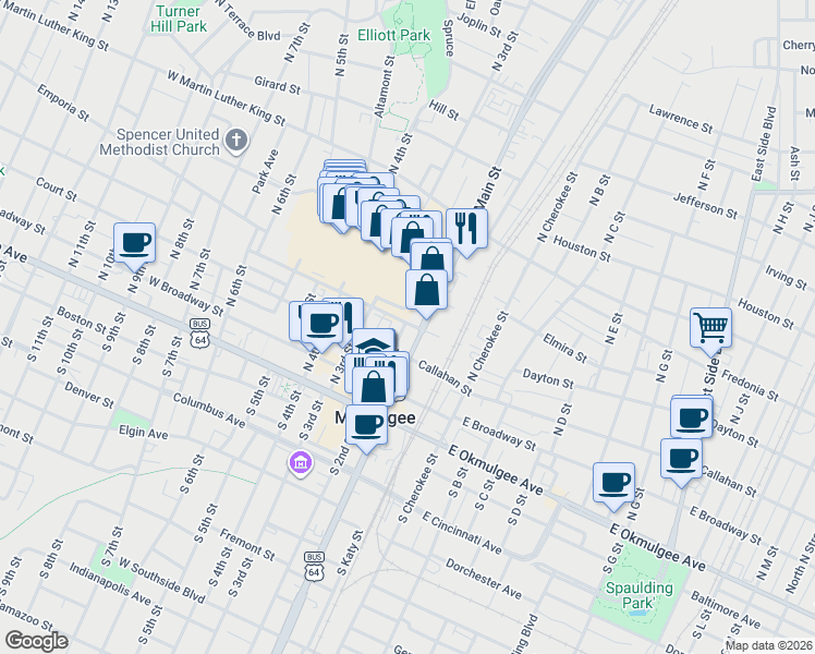 map of restaurants, bars, coffee shops, grocery stores, and more near 401 North Main Street in Muskogee