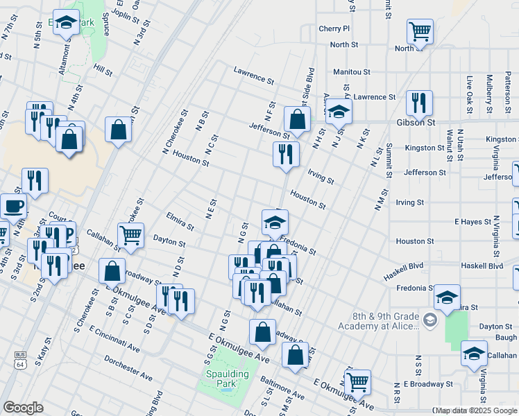 map of restaurants, bars, coffee shops, grocery stores, and more near 709 Galveston Street in Muskogee
