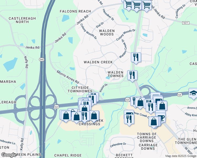 map of restaurants, bars, coffee shops, grocery stores, and more near 1607 Squall Walden Lane in Apex