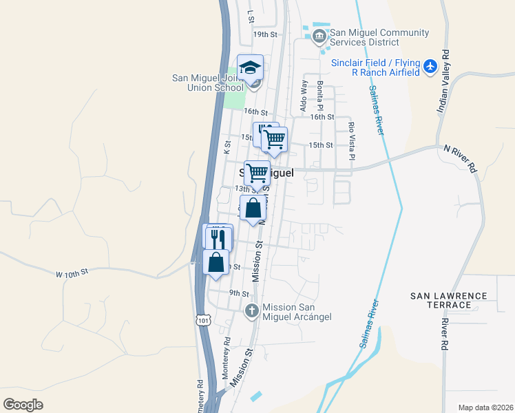 map of restaurants, bars, coffee shops, grocery stores, and more near 1245 Mission Street in San Miguel