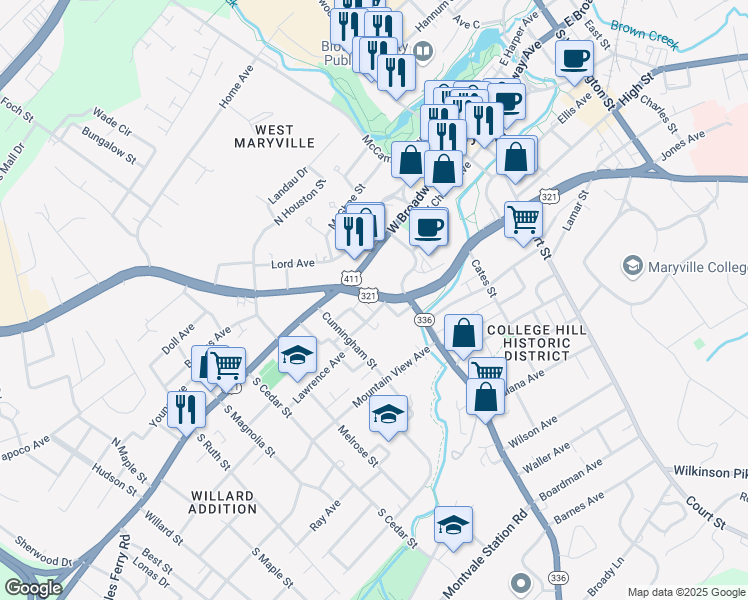 map of restaurants, bars, coffee shops, grocery stores, and more near 336 West Lamar Alexander Parkway in Maryville