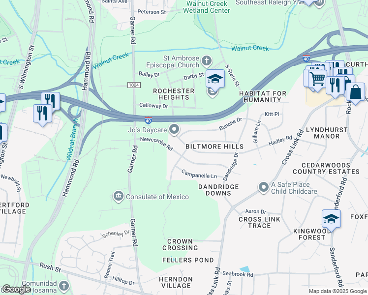 map of restaurants, bars, coffee shops, grocery stores, and more near 708 Hadley Road in Raleigh