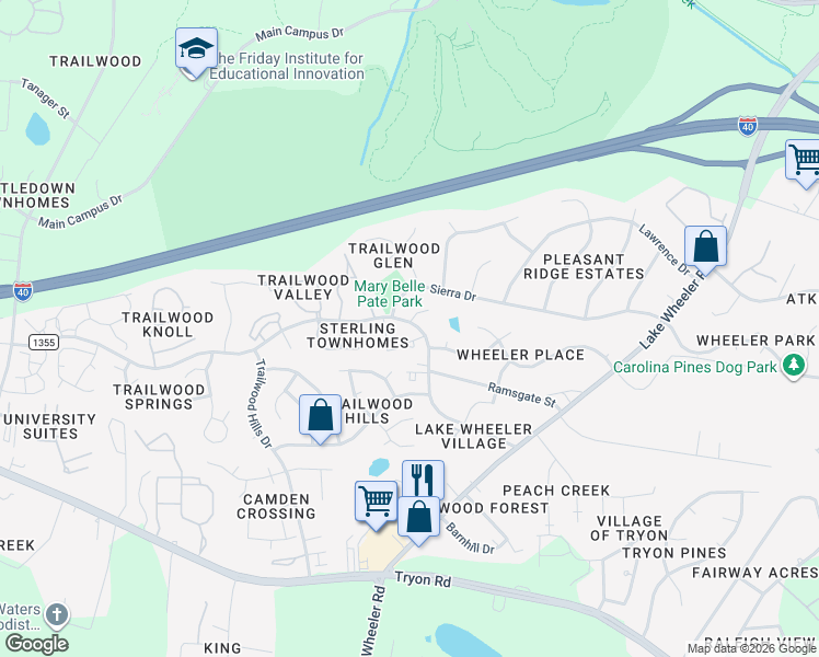 map of restaurants, bars, coffee shops, grocery stores, and more near 2612 Broad Oaks Place in Raleigh