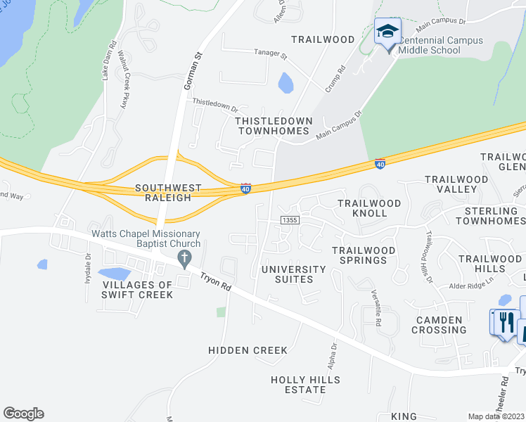 map of restaurants, bars, coffee shops, grocery stores, and more near 1901 Trailwood Drive in Raleigh