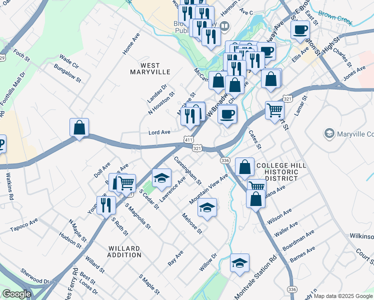 map of restaurants, bars, coffee shops, grocery stores, and more near 504 West Broadway Avenue in Maryville