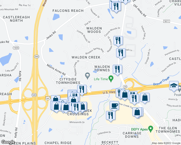 map of restaurants, bars, coffee shops, grocery stores, and more near 1604 Squaw Walden Lane in Apex