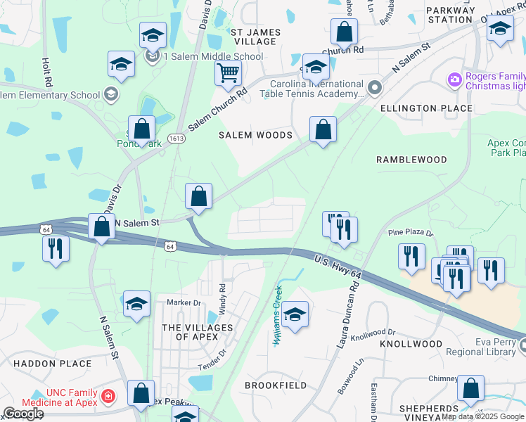 map of restaurants, bars, coffee shops, grocery stores, and more near 801 Grafton Peak Lane in Apex