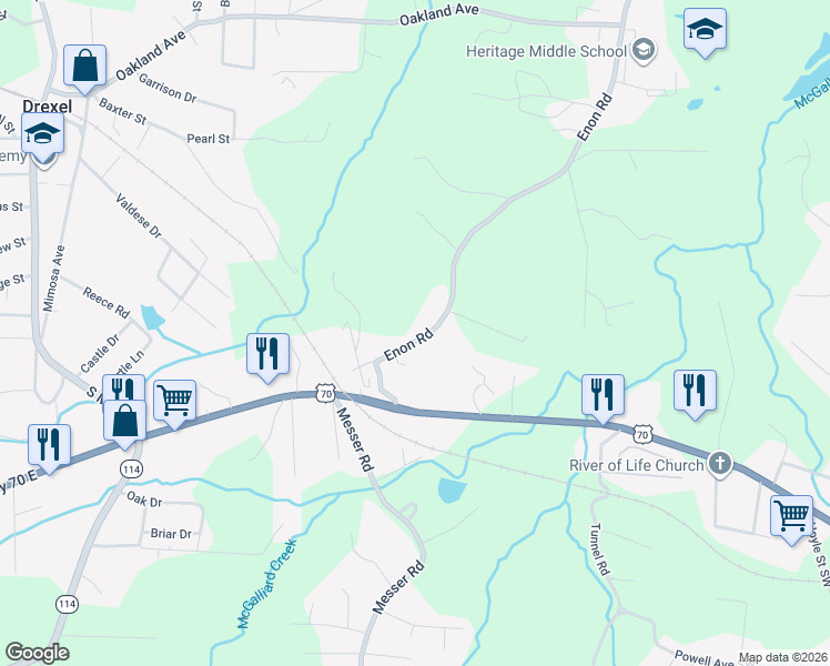 map of restaurants, bars, coffee shops, grocery stores, and more near 2160 Enon Road in Morganton