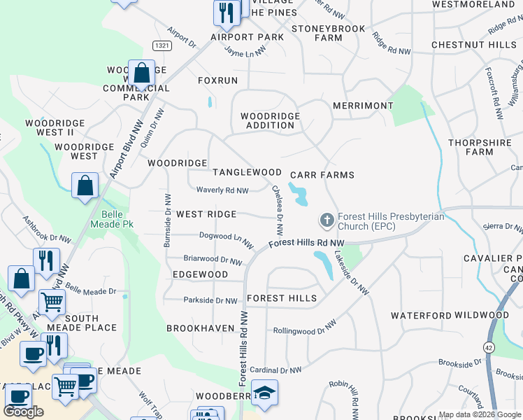 map of restaurants, bars, coffee shops, grocery stores, and more near 1202 Queen Anne Road Northwest in Wilson