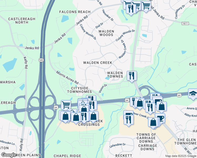 map of restaurants, bars, coffee shops, grocery stores, and more near 1607 Squall Walden Lane in Apex