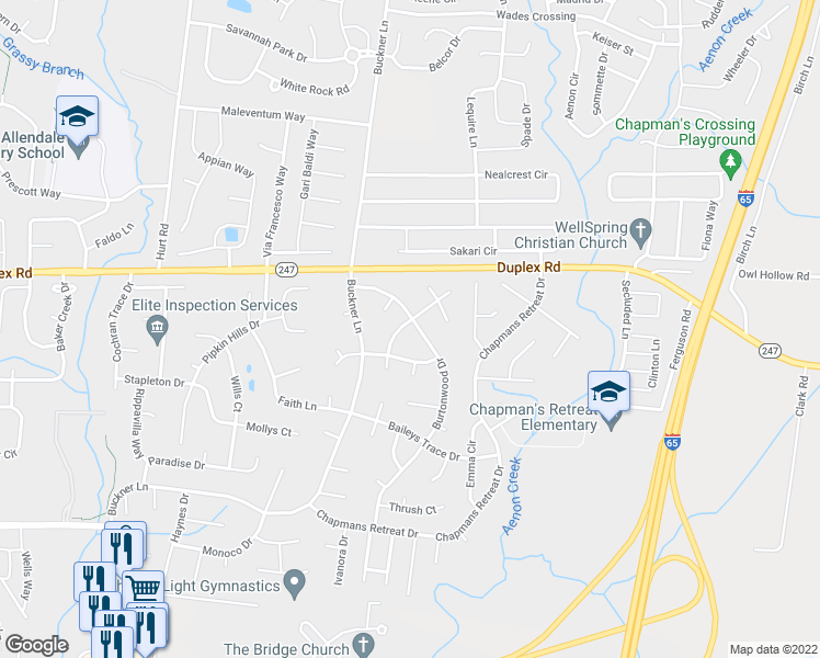 map of restaurants, bars, coffee shops, grocery stores, and more near 2921 Burtonwood Drive in Spring Hill