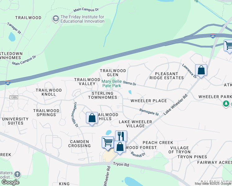 map of restaurants, bars, coffee shops, grocery stores, and more near 2612 Broad Oaks Place in Raleigh