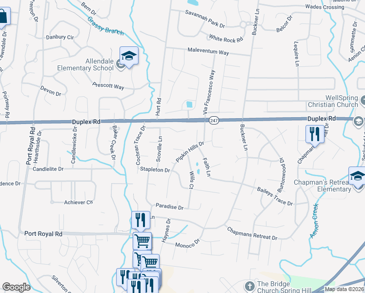 map of restaurants, bars, coffee shops, grocery stores, and more near 2804 Tyler Court in Spring Hill