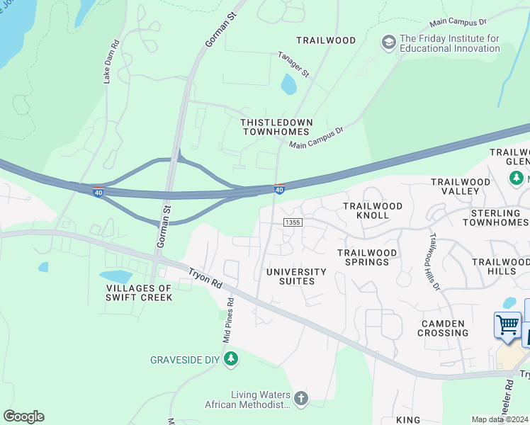 map of restaurants, bars, coffee shops, grocery stores, and more near 1911 Wolf Tech Lane in Raleigh