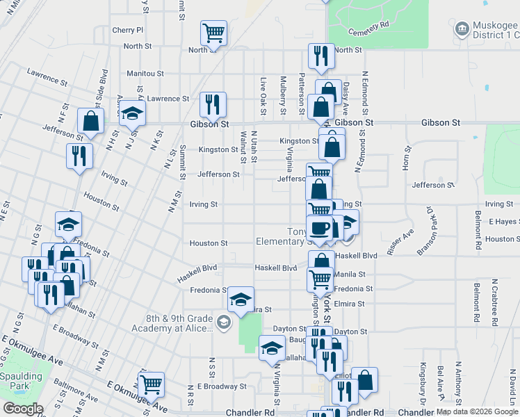 map of restaurants, bars, coffee shops, grocery stores, and more near 1703 Irving Street in Muskogee