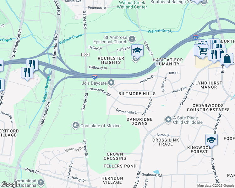 map of restaurants, bars, coffee shops, grocery stores, and more near 708 Hadley Road in Raleigh