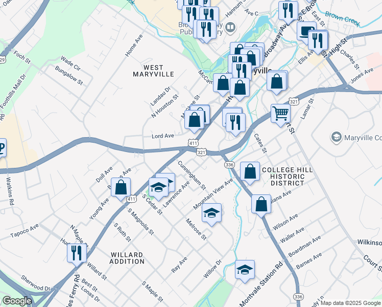 map of restaurants, bars, coffee shops, grocery stores, and more near 504 West Broadway Avenue in Maryville