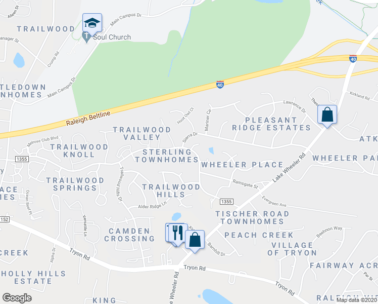 map of restaurants, bars, coffee shops, grocery stores, and more near 2612 Broad Oaks Place in Raleigh