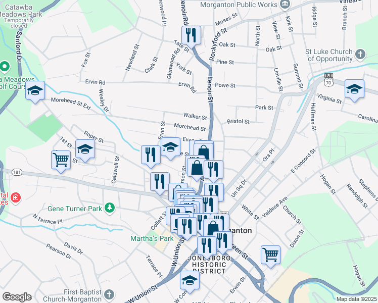 map of restaurants, bars, coffee shops, grocery stores, and more near 104 Cascade Street in Morganton