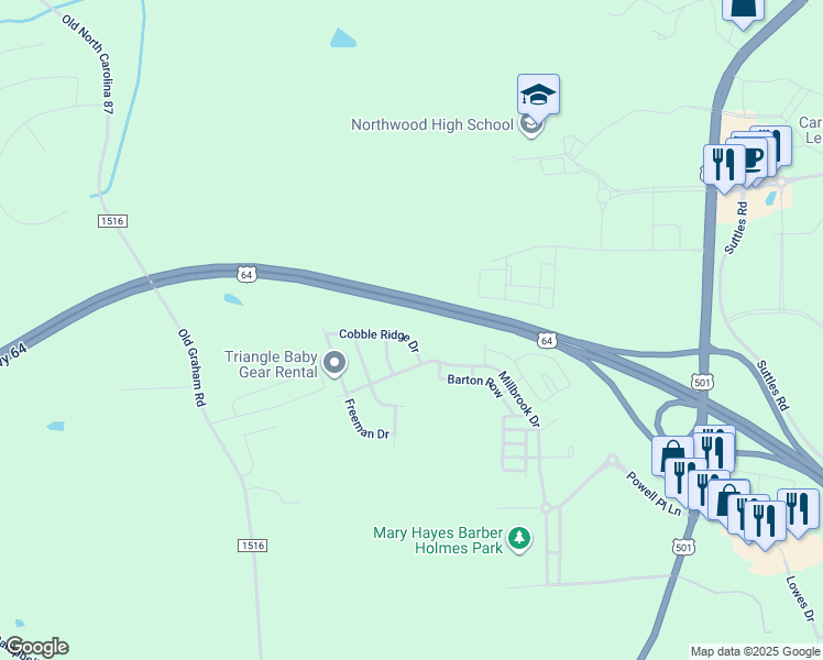 map of restaurants, bars, coffee shops, grocery stores, and more near 56 Cobble Ridge Dr in Pittsboro