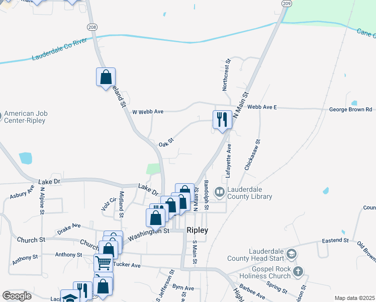 map of restaurants, bars, coffee shops, grocery stores, and more near 129 Sarah Cir in Ripley