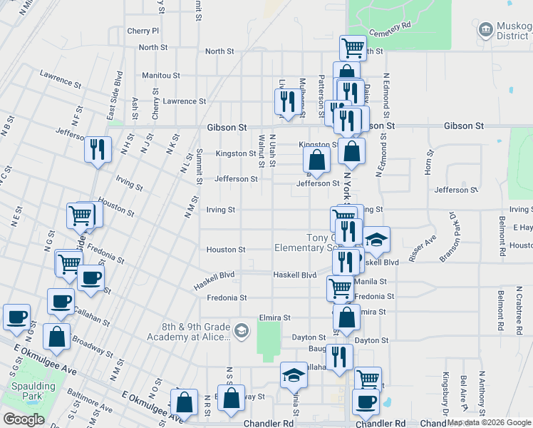map of restaurants, bars, coffee shops, grocery stores, and more near 1703 Irving Street in Muskogee